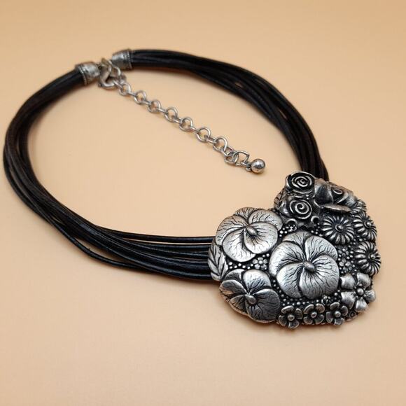 Chico's Floral Heart Silver Tone Pendant Necklace, 9 Strands Black Leather, 20" - Picture 12 of 12
